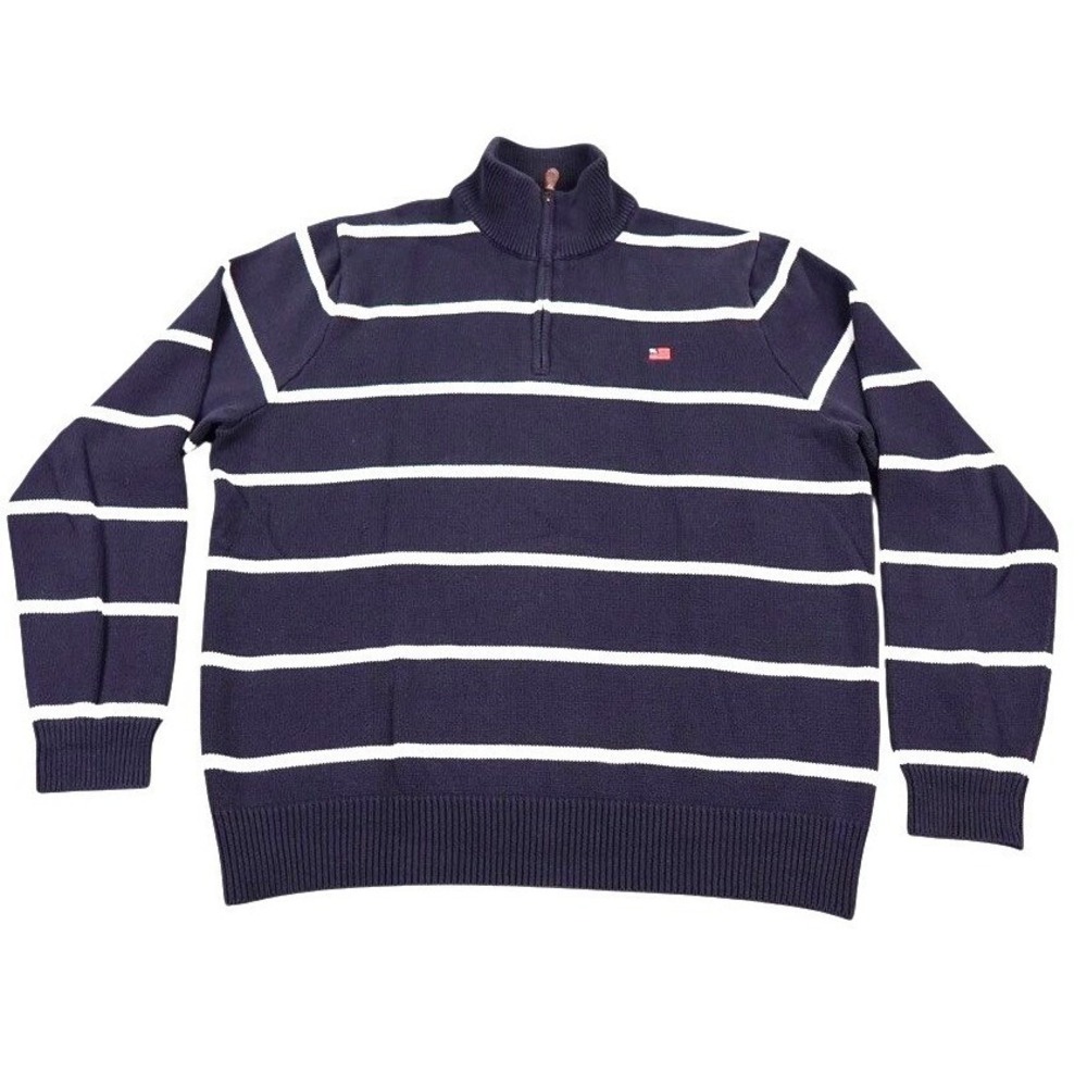 Polo Jeans Co Ralph Lauren Sweater Mens L Navy White Striped VTG Quarter Zip